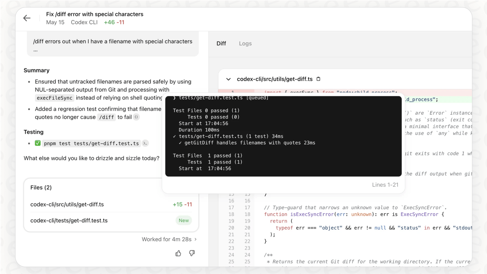 A screenshot of the OpenAI Codex interface, illustrating how it assists developers with code within an IDE. This highlights the practical application of OpenAI Codex integrations with Slack for programming tasks.::alt_title=OpenAI Codex integrations with Slack in action::alt_text=A view of the OpenAI Codex pair programming interface, a key feature of the OpenAI Codex integrations with Slack.