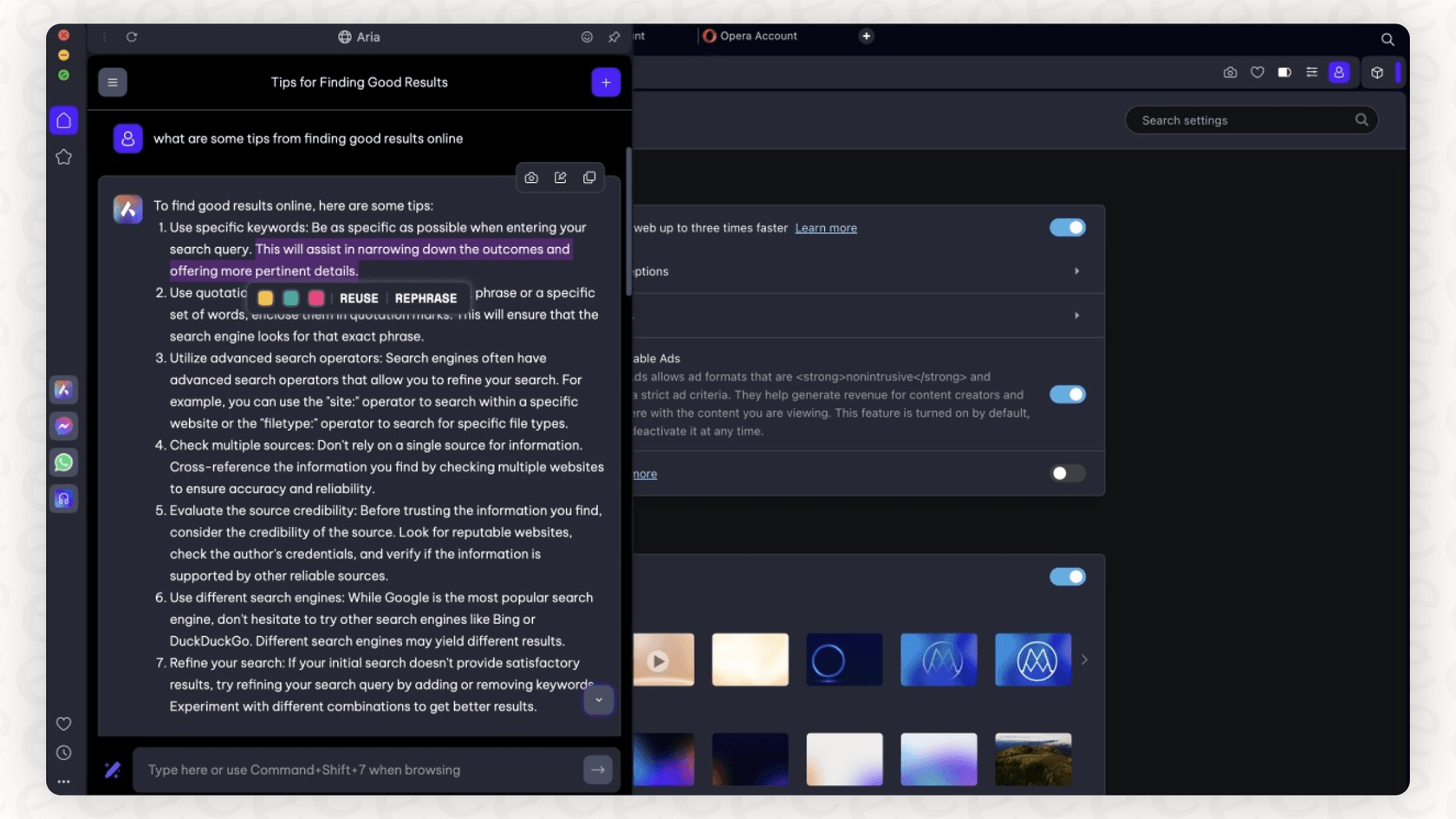 Screenshot showing the user interface of the Opera browser, with a focus on the integrated Opera Aria sidebar.