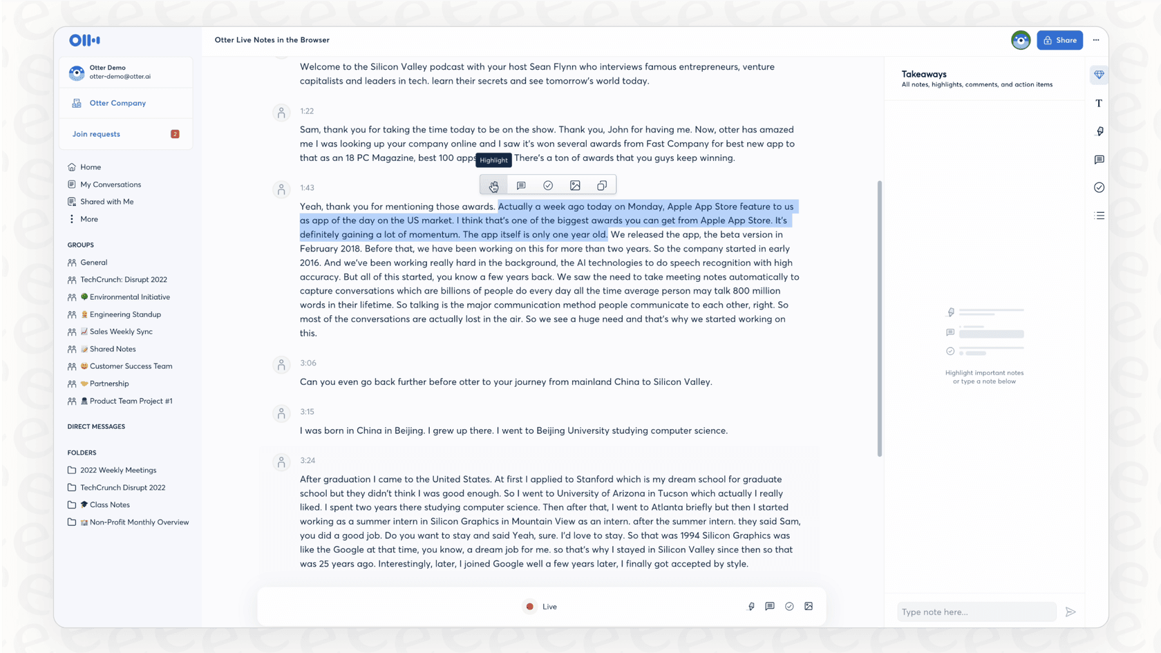 A user viewing the live transcription of a meeting in the Otter AI dashboard.