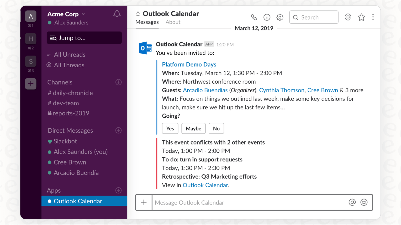 A screenshot showing the features of the official app for a Slack AI integration with Microsoft Outlook Calendar.