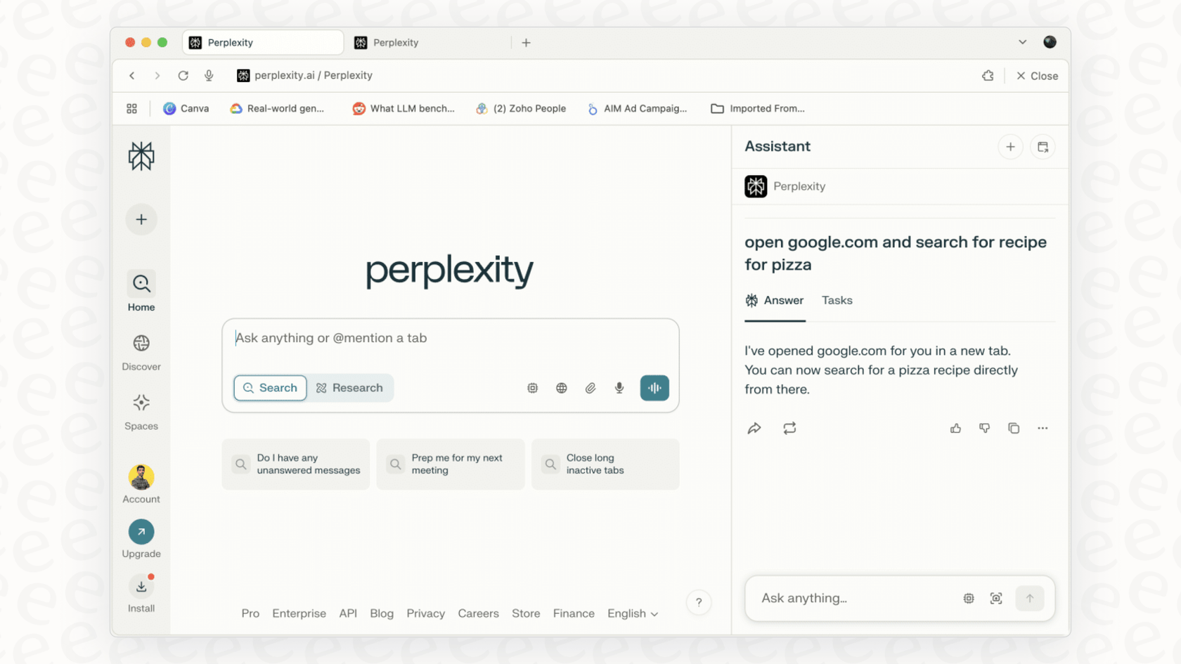 A screenshot of Perplexity Comet's browser interface.