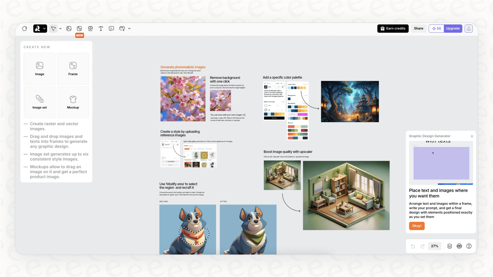 A screenshot showing the main user interface of Recraft AI, an advanced AI design platform.