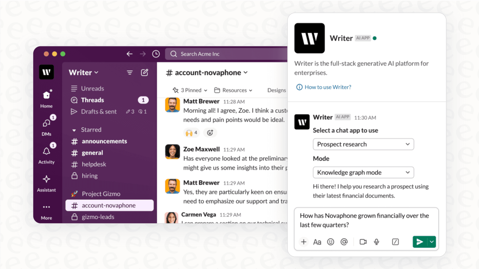 A user interacting with the Writer app inside Slack, demonstrating the Slack AI integration with Writer.
