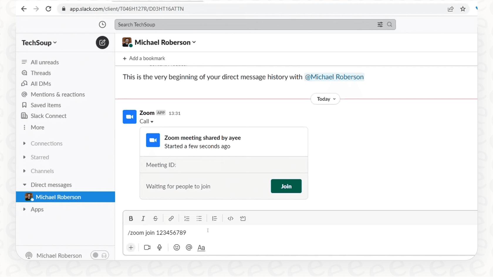 Screenshot of the /zoom command in Slack, a key feature of the Slack AI integration with Zoom.