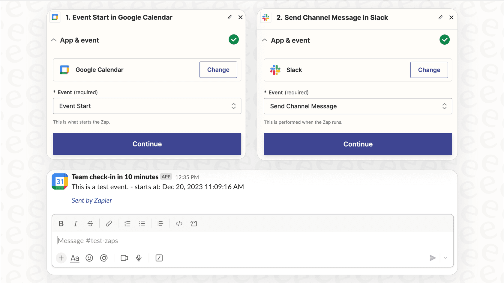 A screenshot of a custom Zapier automation for a Slack AI integration with Google Calendar.