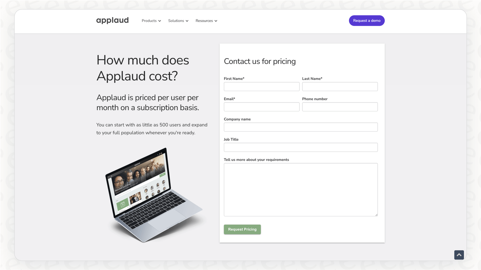 Screenshot of Request a demo page in Applaud