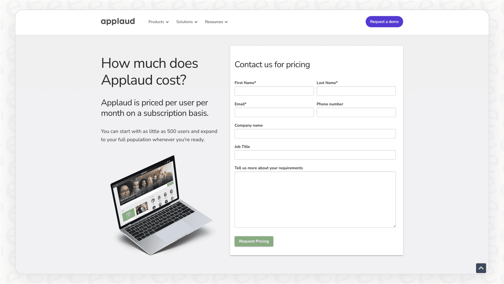 Screenshot of Request a demo page in Applaud