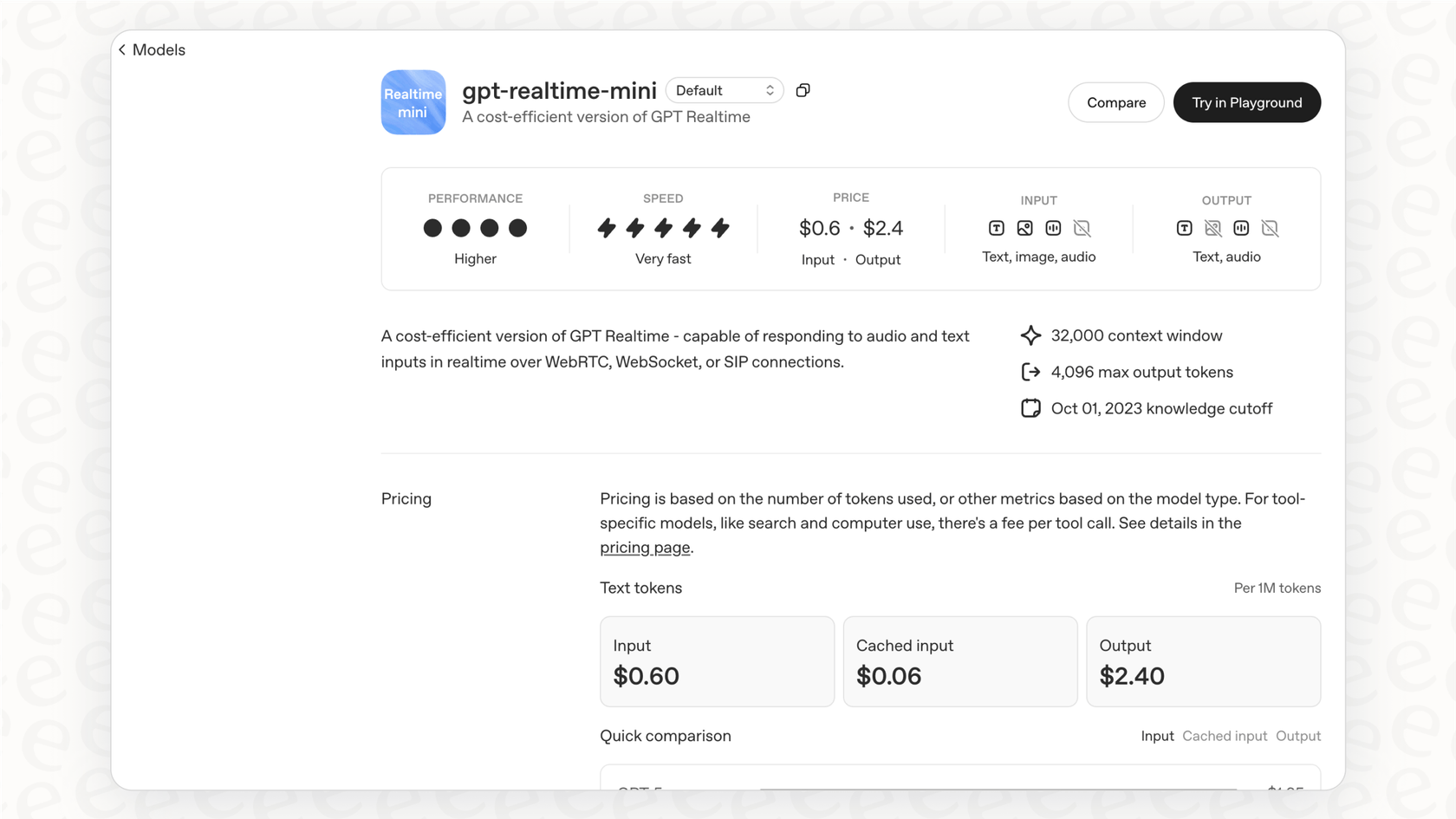 Screenshot showing the GPT Realtime Mini model page on the OpenAI Platform, highlighting its low-cost pricing, real-time response capability over WebRTC and WebSocket, and support for text, image, and audio inputs.
