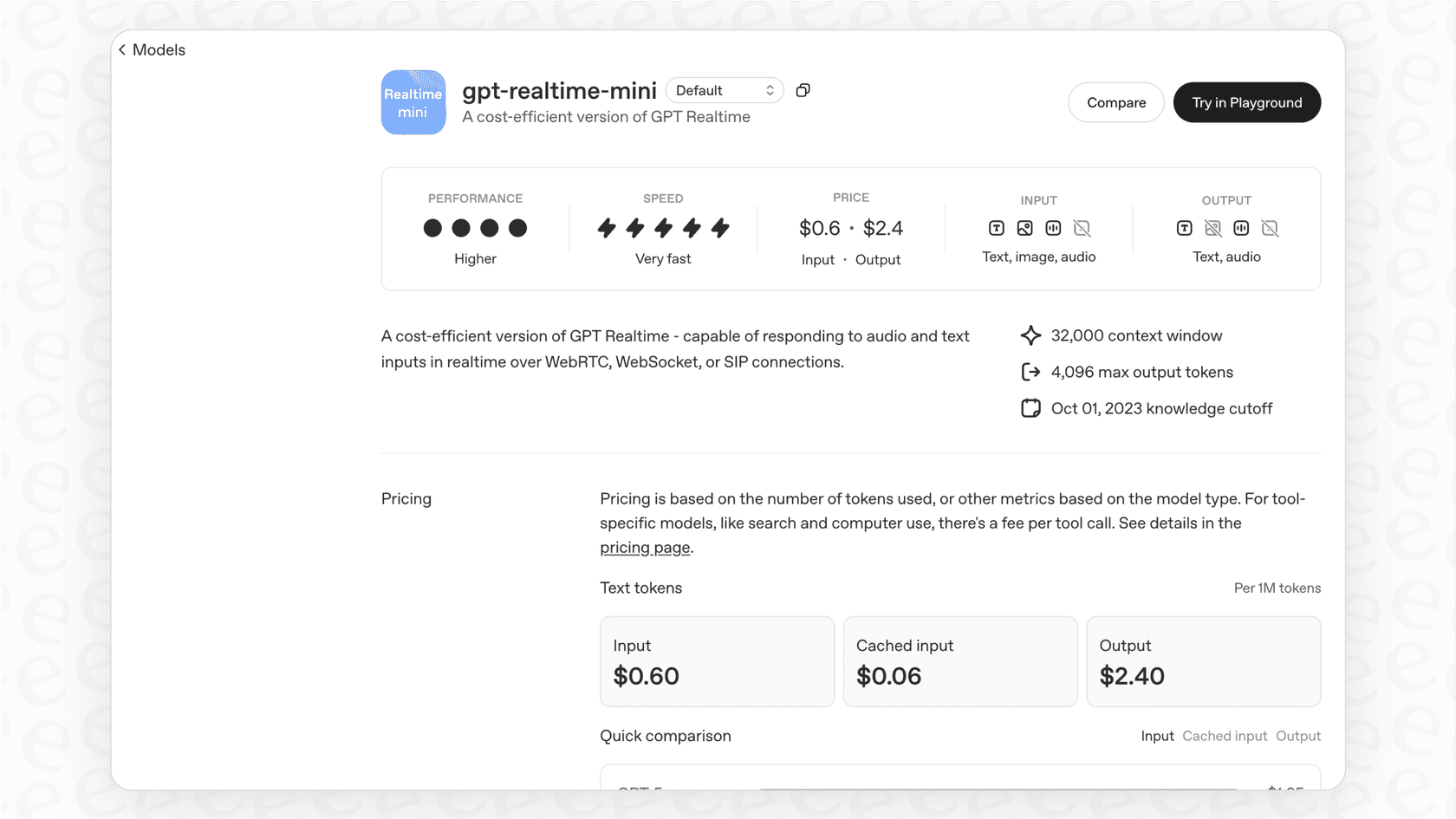 Screenshot showing the GPT Realtime Mini model page on the OpenAI Platform, highlighting its low-cost pricing, real-time response capability over WebRTC and WebSocket, and support for text, image, and audio inputs.