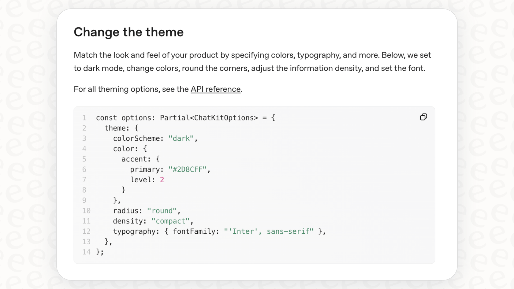 A screenshot of the theming guide for ChatKit, detailing customization features.