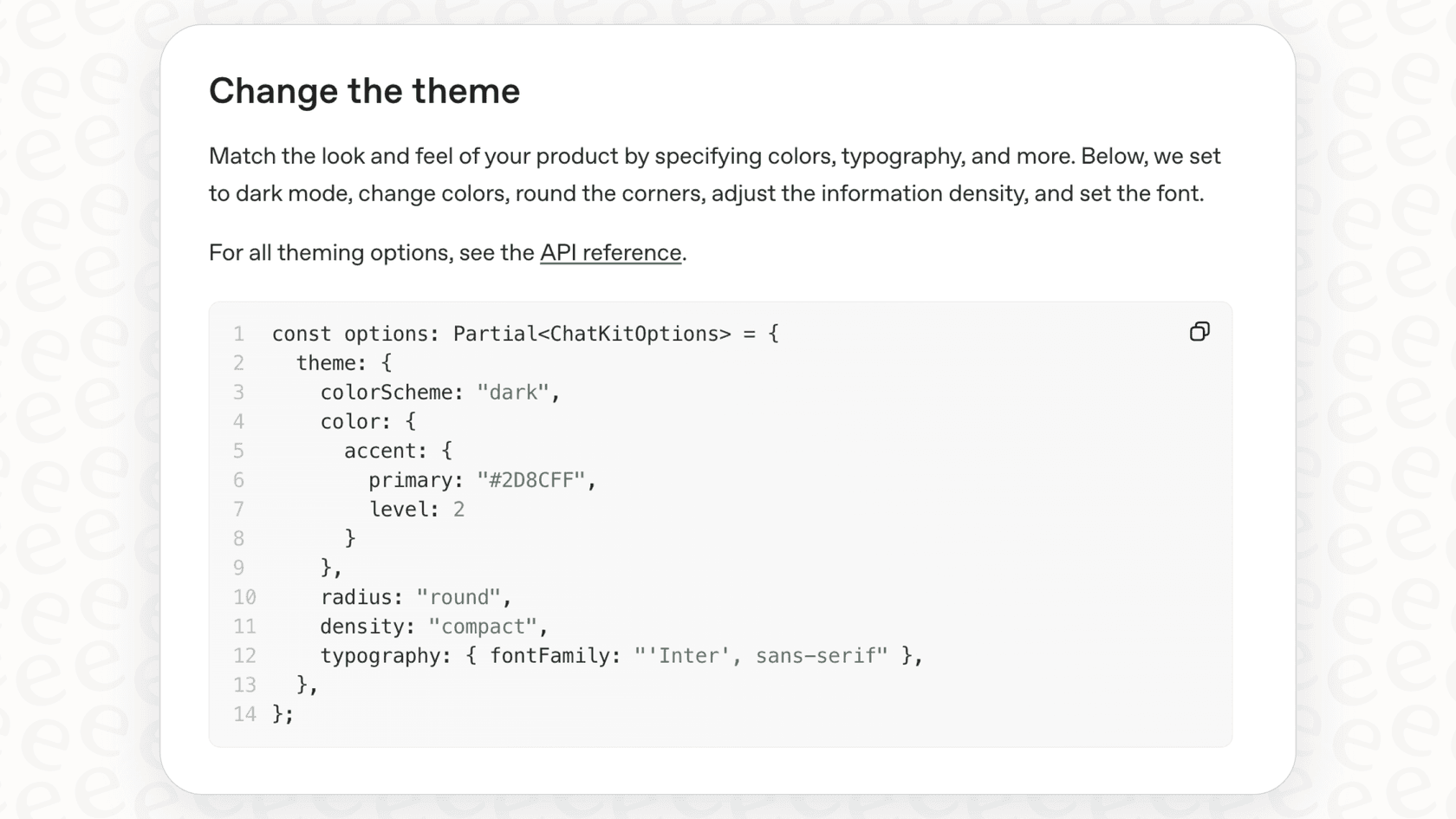 A screenshot of the theming guide for ChatKit, detailing customization features.