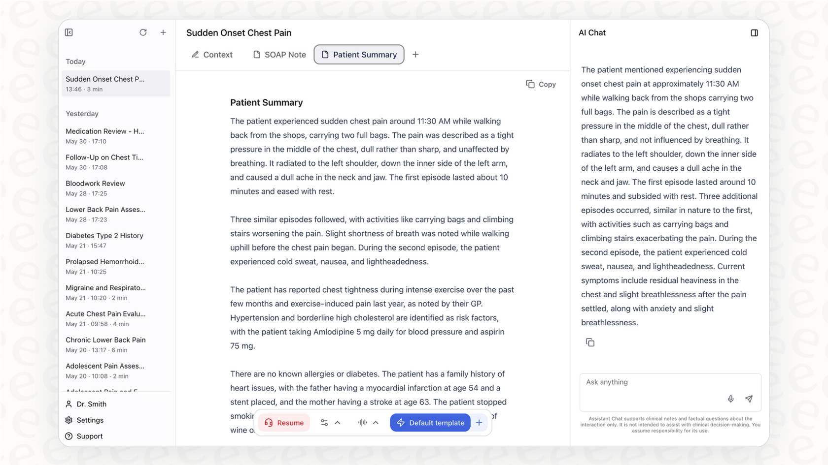A screenshot demonstrating the live clinical assistance provided by Corti AI during a patient visit.