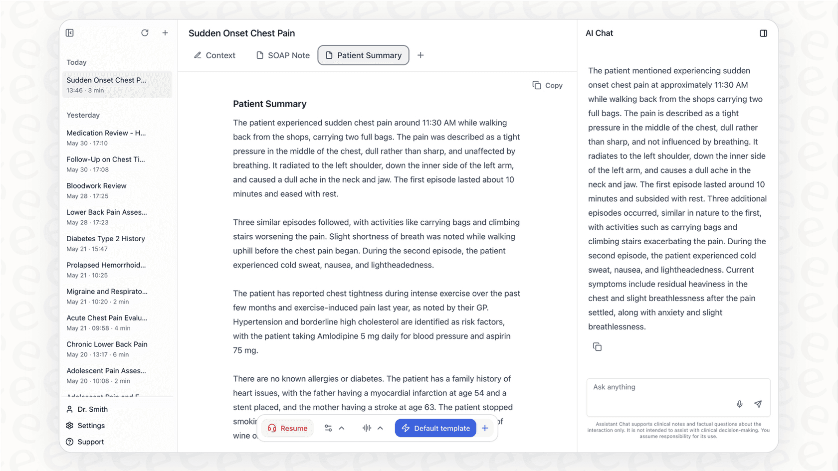 A screenshot demonstrating the live clinical assistance provided by Corti AI during a patient visit.