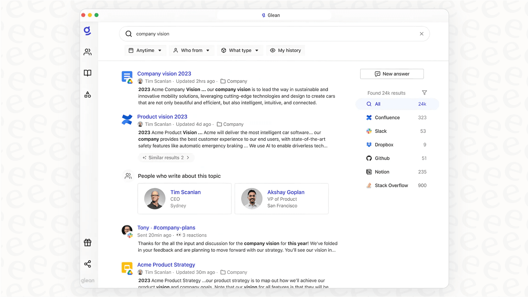 A user seeing search results in the Glean AI platform, demonstrating its app connectivity.::