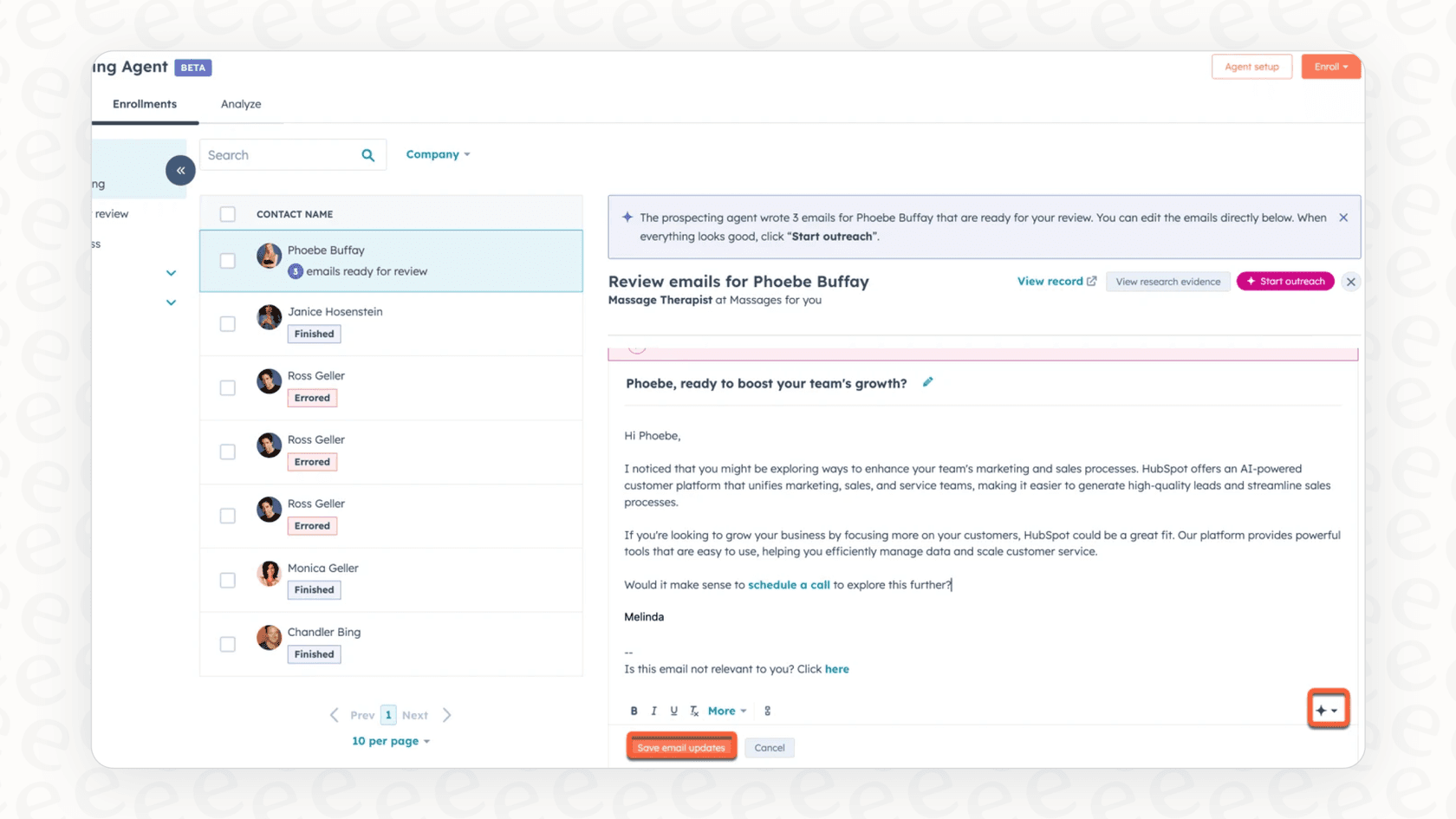 The Breeze Prospecting Agent interface showing an AI-drafted email that a sales rep can approve or edit before sending.