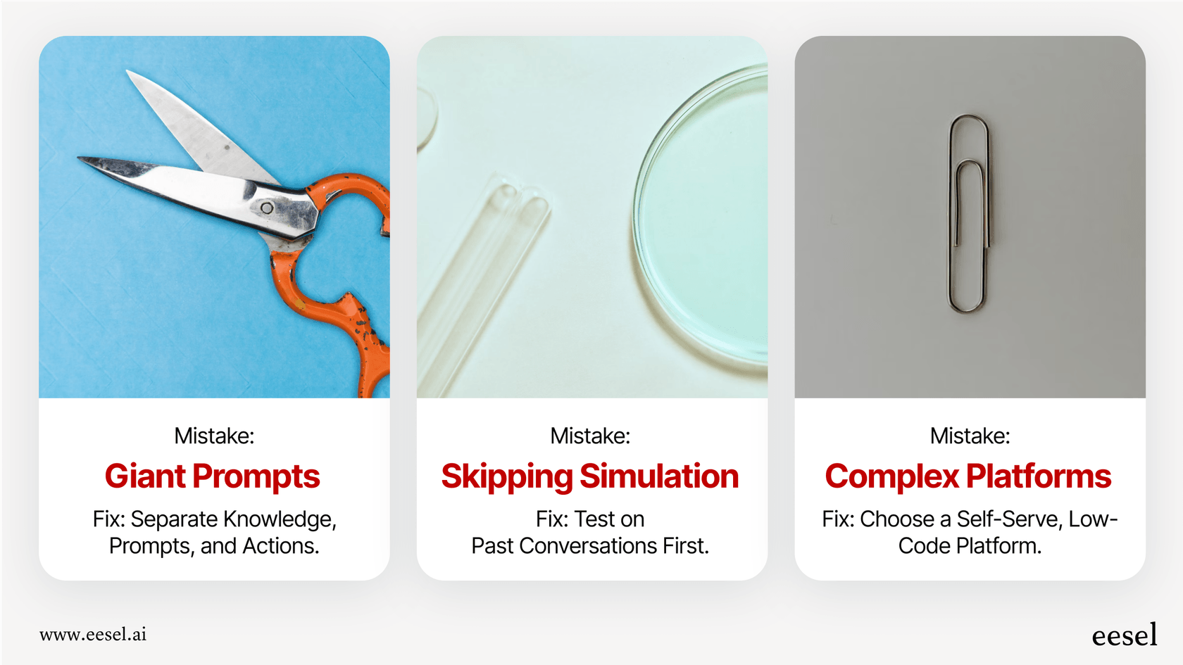 An infographic detailing three common mistakes when building a Retell AI agent: oversized prompts, skipping testing, and using overly complex platforms, along with their solutions.