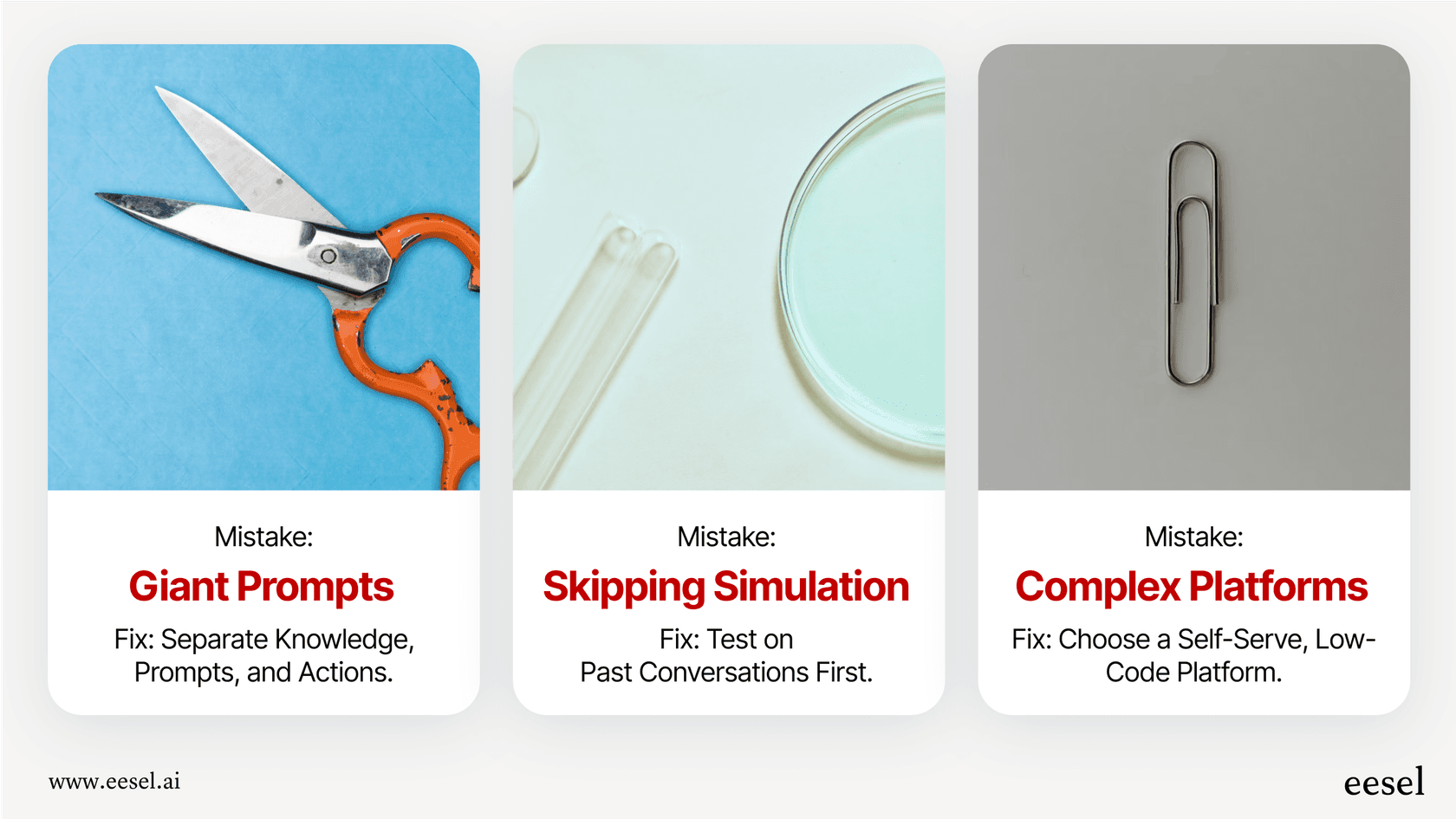 An infographic detailing three common mistakes when building a Retell AI agent: oversized prompts, skipping testing, and using overly complex platforms, along with their solutions.