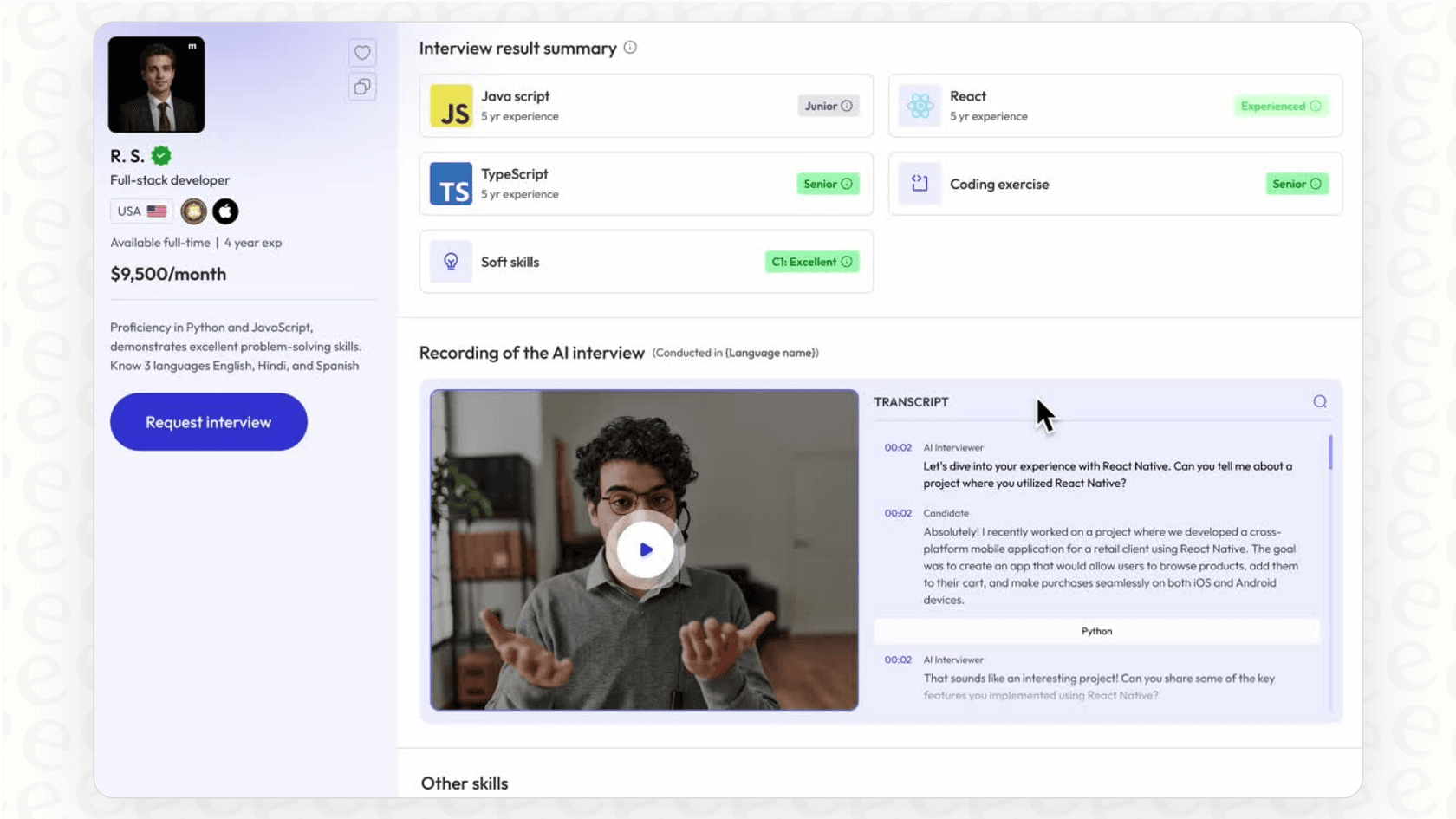 Screenshot of Micro1’s Zara recruiting tool showing an AI-assisted interview summary with candidate skills, an embedded video recording, and a full transcript of the conversation.