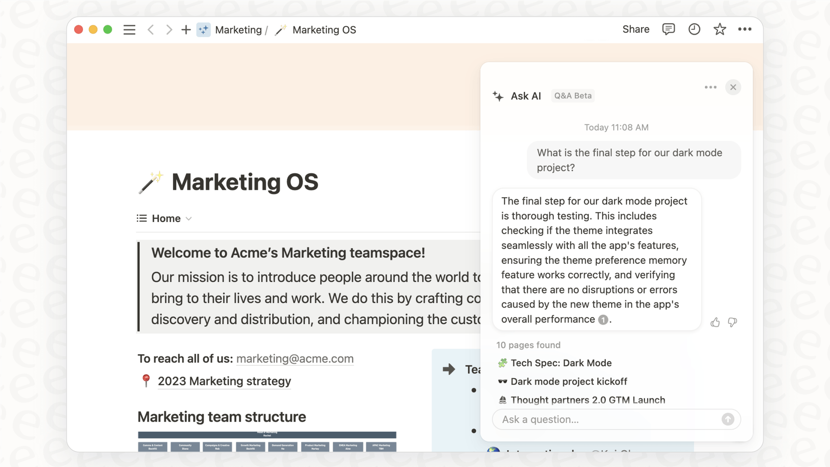 Notion AI's Q&A feature can pull answers from connected apps, acting as a centralized search tool for your Notion AI integration.::