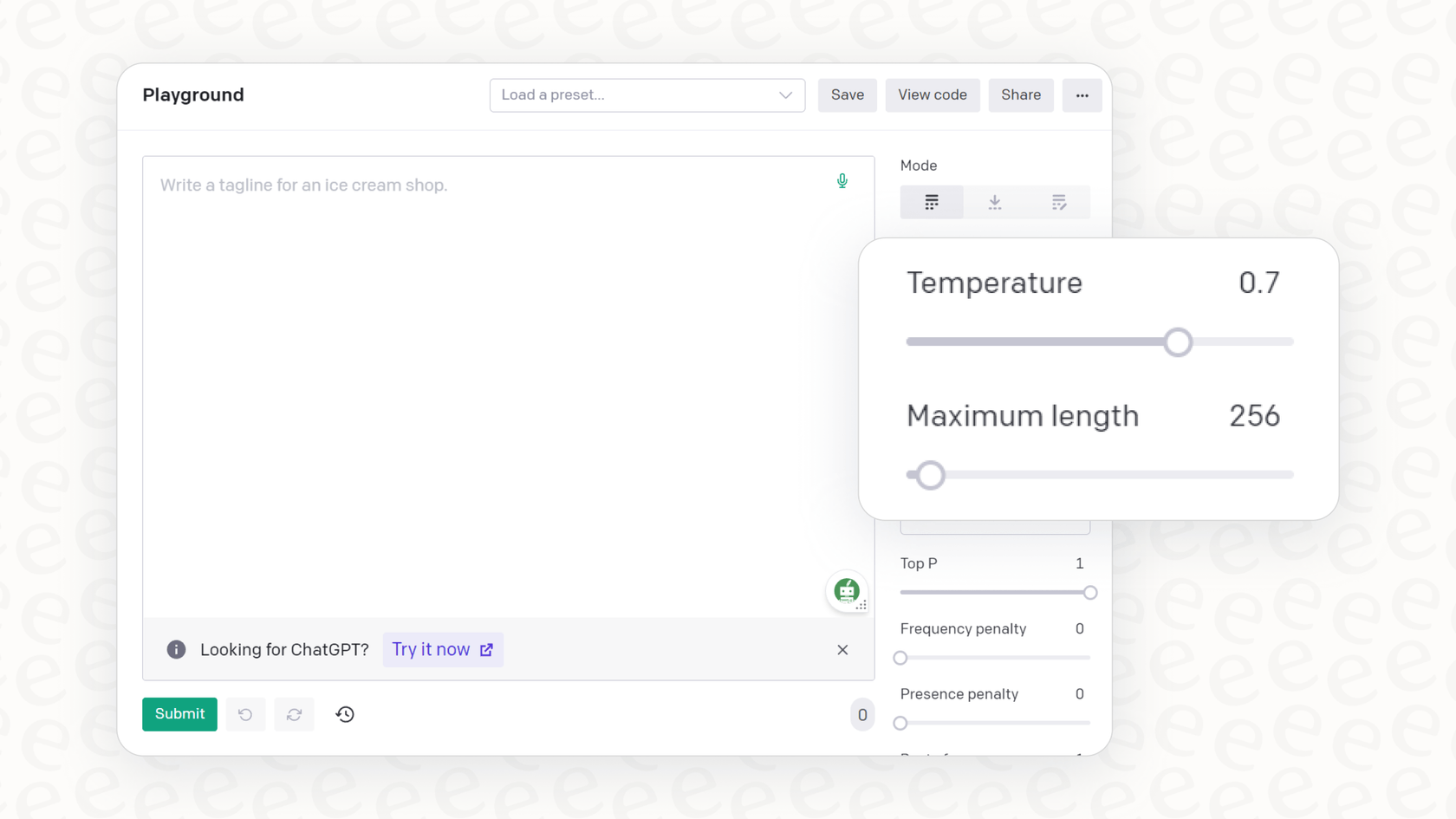 A detailed view of the temperature and maximum length settings within the OpenAI Playground.