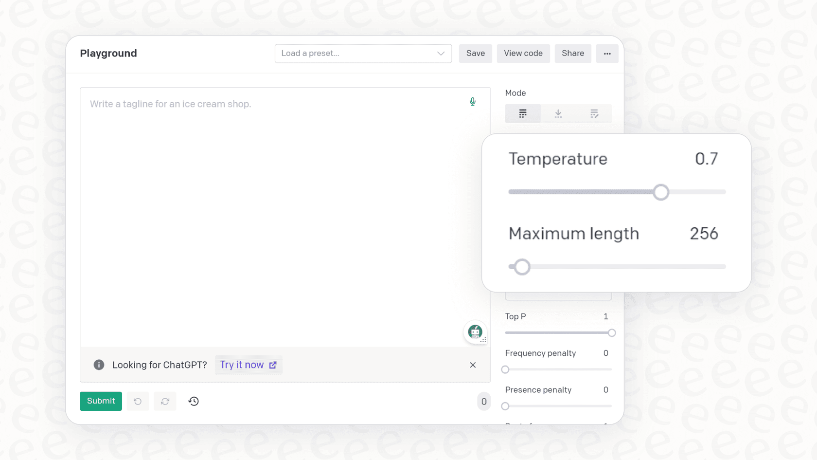 A detailed view of the temperature and maximum length settings within the OpenAI Playground.
