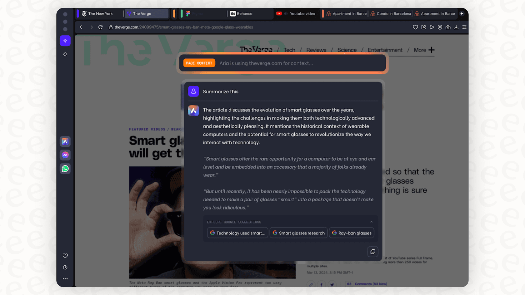 A screenshot demonstrating the quick-access command line for Opera Aria, which allows users to ask questions without leaving their current page.