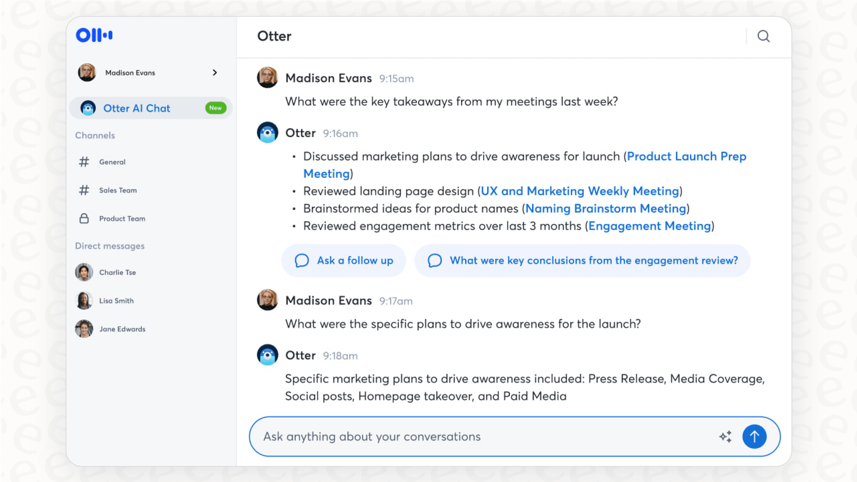 A user interacting with the Otter AI Chat to get information from a meeting transcript.
