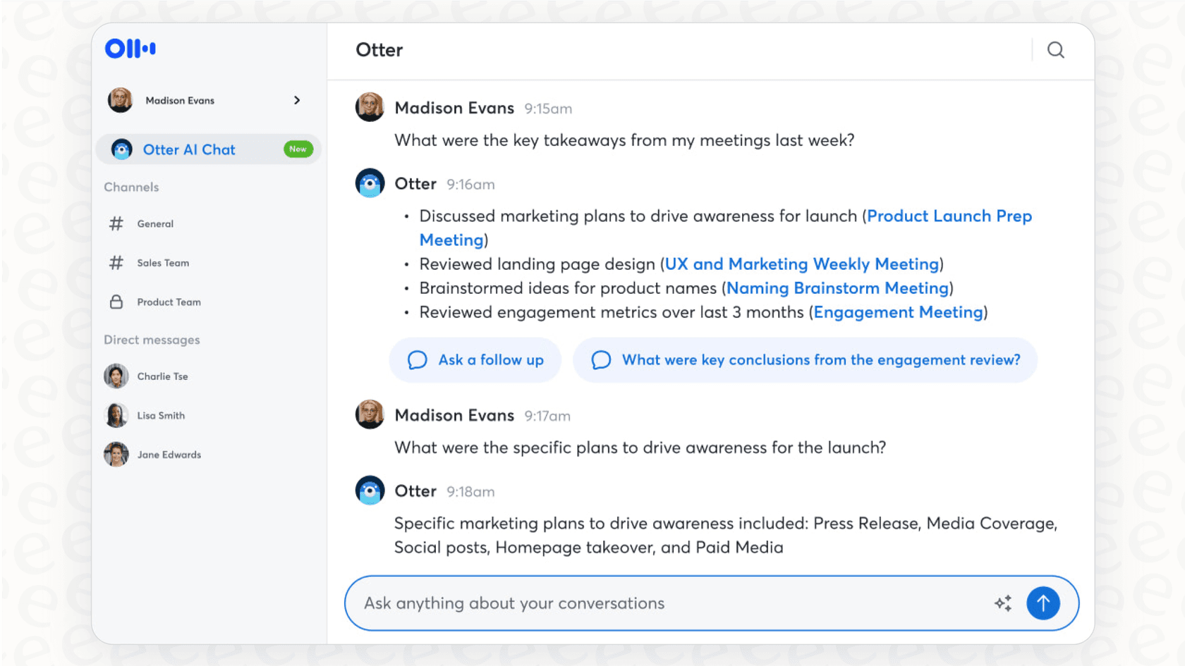 A user interacting with the Otter AI Chat to get information from a meeting transcript.
