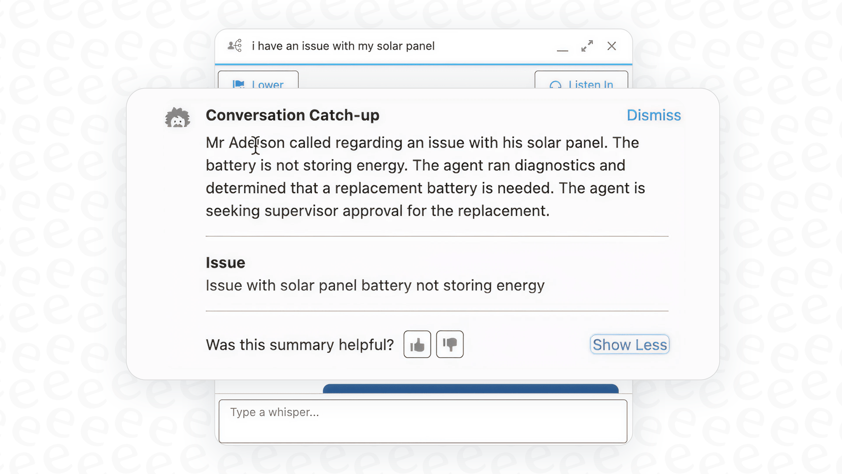 A screenshot showing Salesforce Einstein AI automatically summarizing a customer service case to help agents work faster.