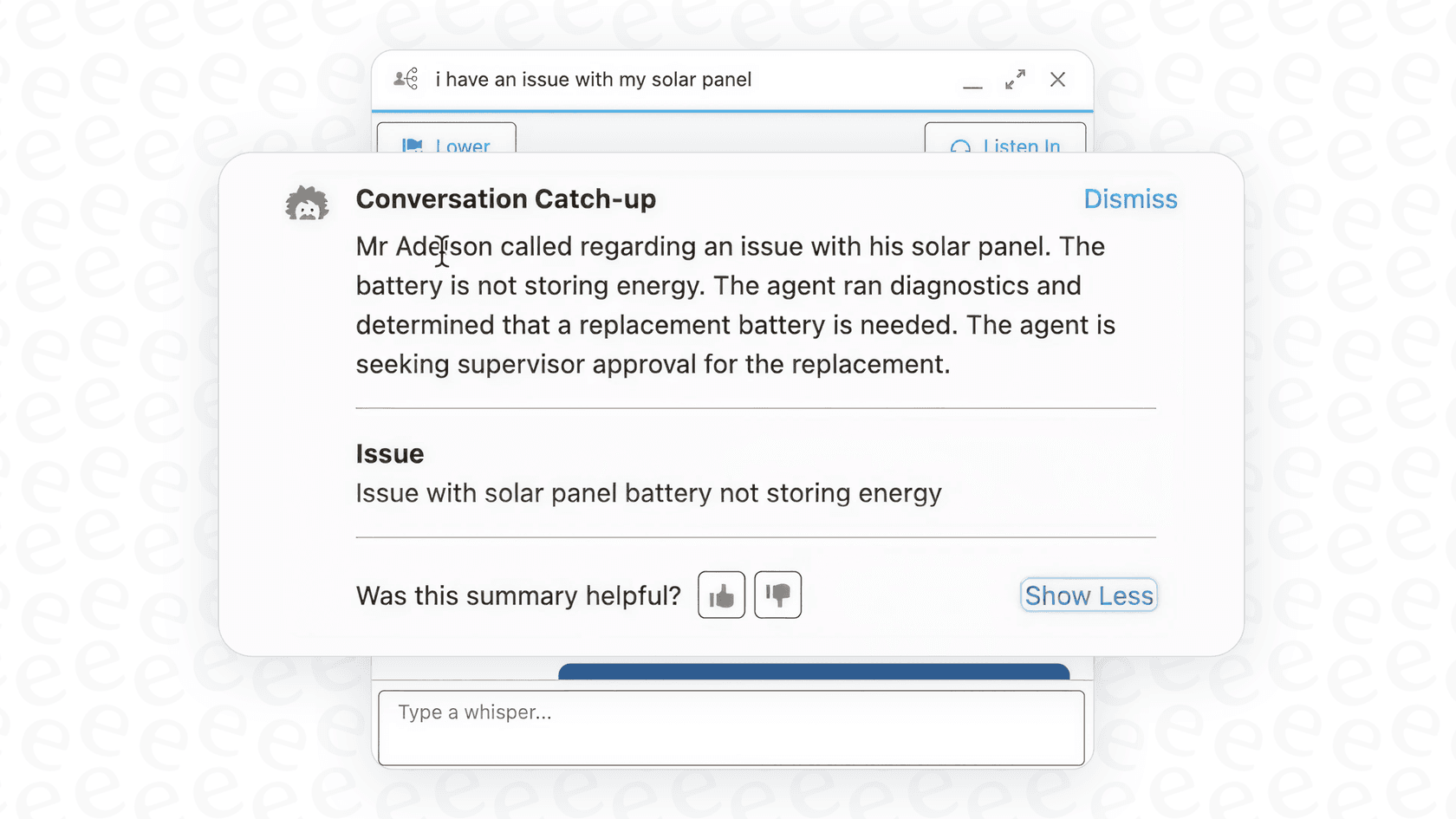 A screenshot showing Salesforce Einstein AI automatically summarizing a customer service case to help agents work faster.
