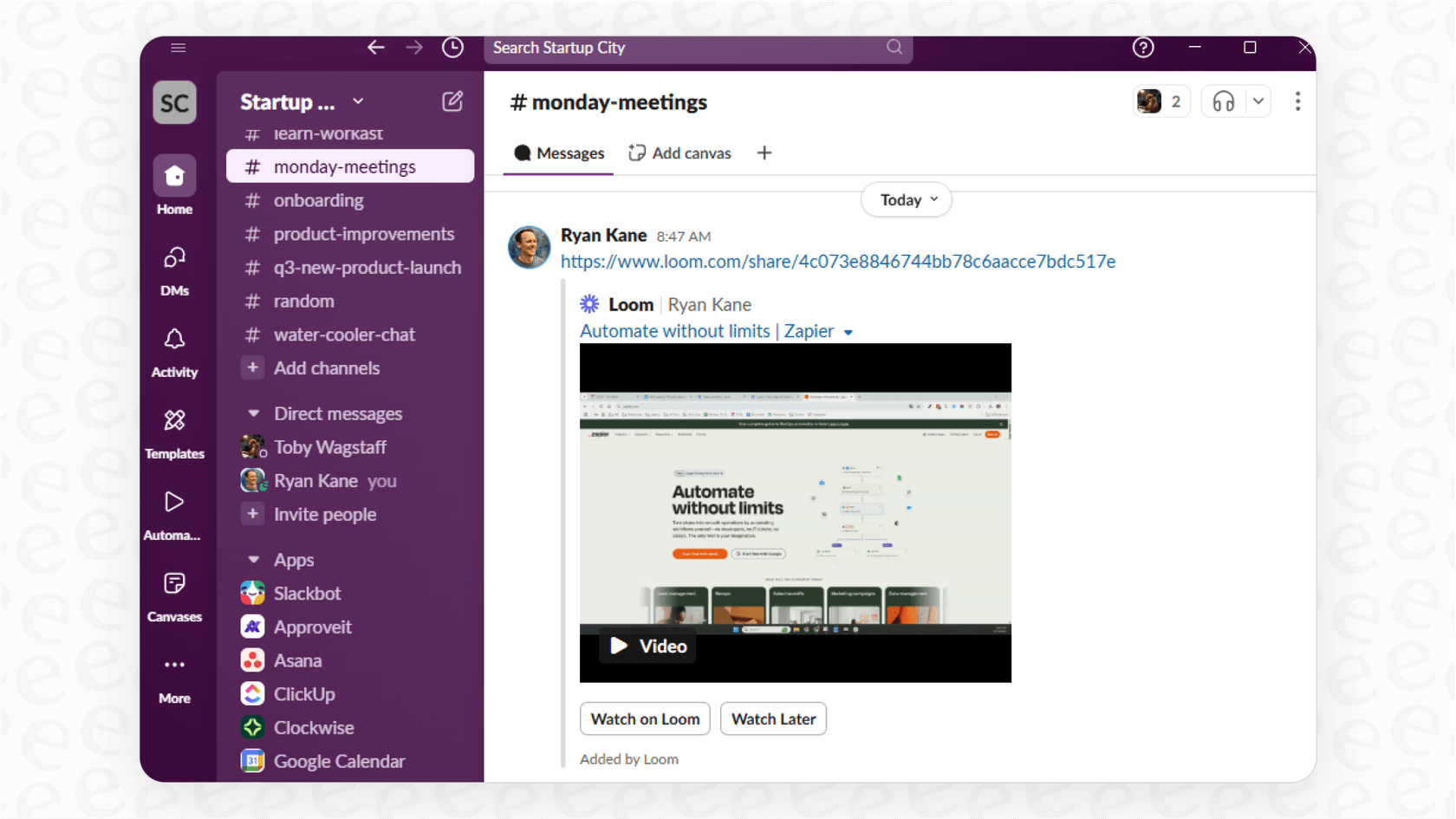 Example of how the Slack AI integration with Loom allows users to watch a Loom video and read its transcript without leaving their Slack conversation.