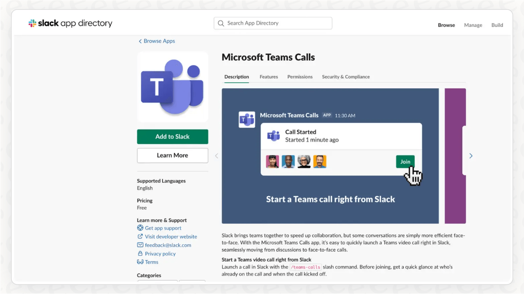 Captura de ecrã das Chamadas do Microsoft Teams no Diretório de Aplicações do Slack.