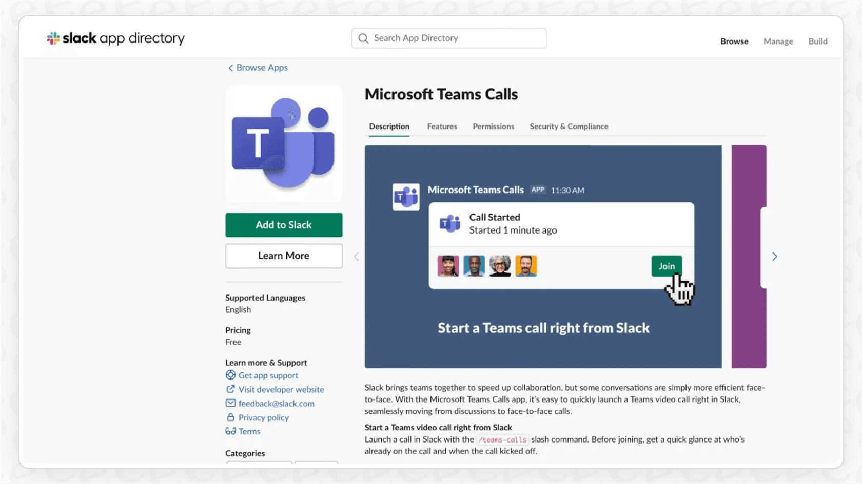 Screenshot of Microsoft Teams Calls in Slack