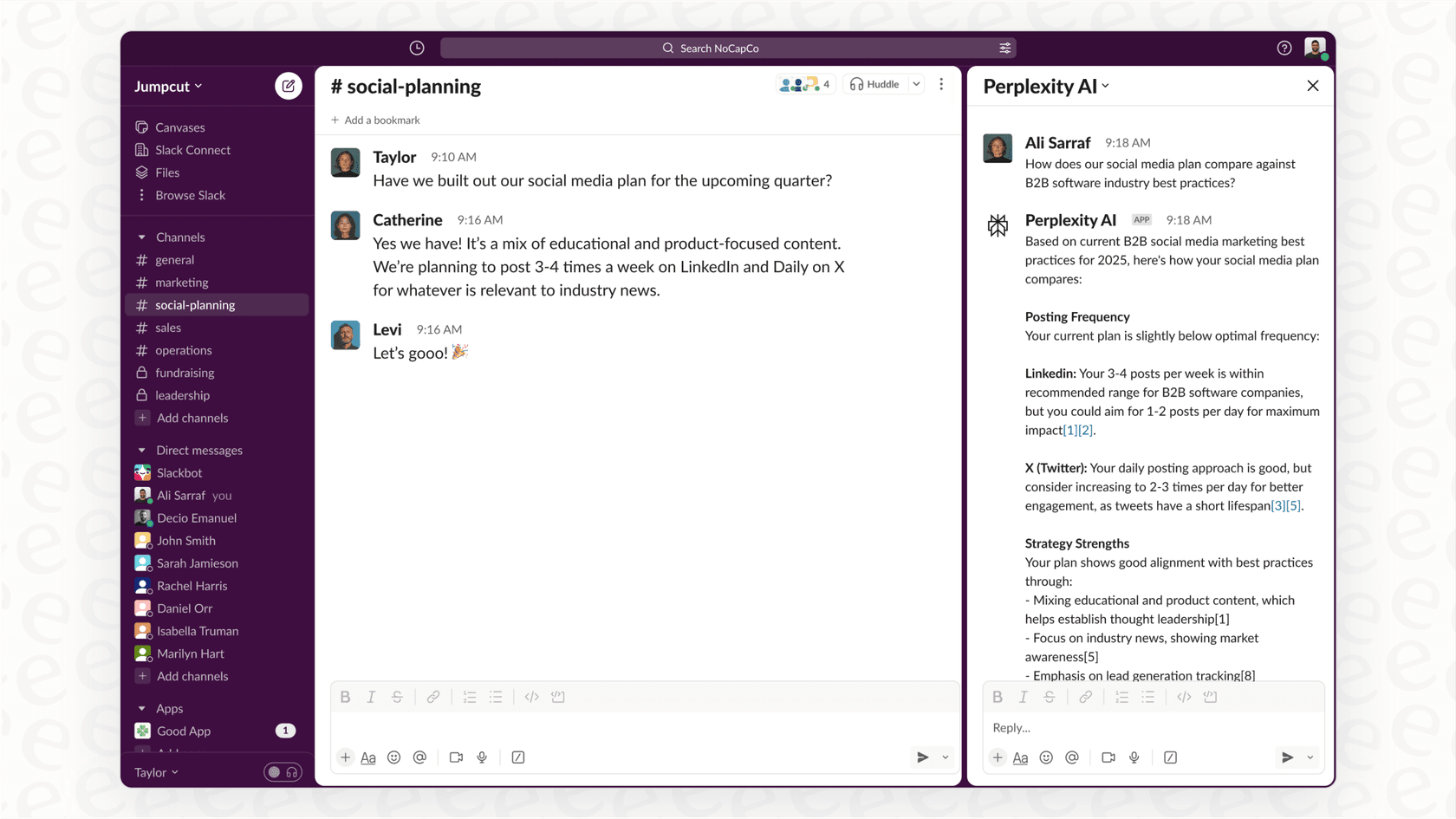 An illustration of how the Slack AI integration with Perplexity pulls information from the internet directly into a conversation.