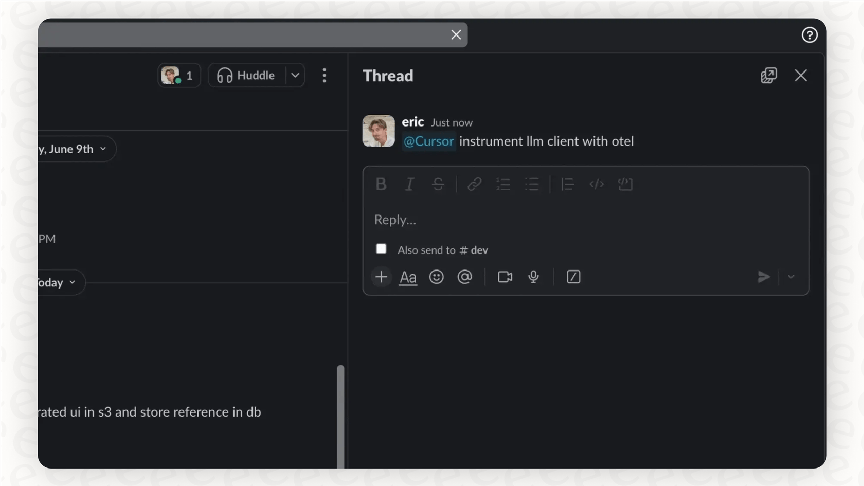 A screenshot showing the @Cursor command being used in a Slack chat to initiate a task with the Slack AI integration with Cursor.