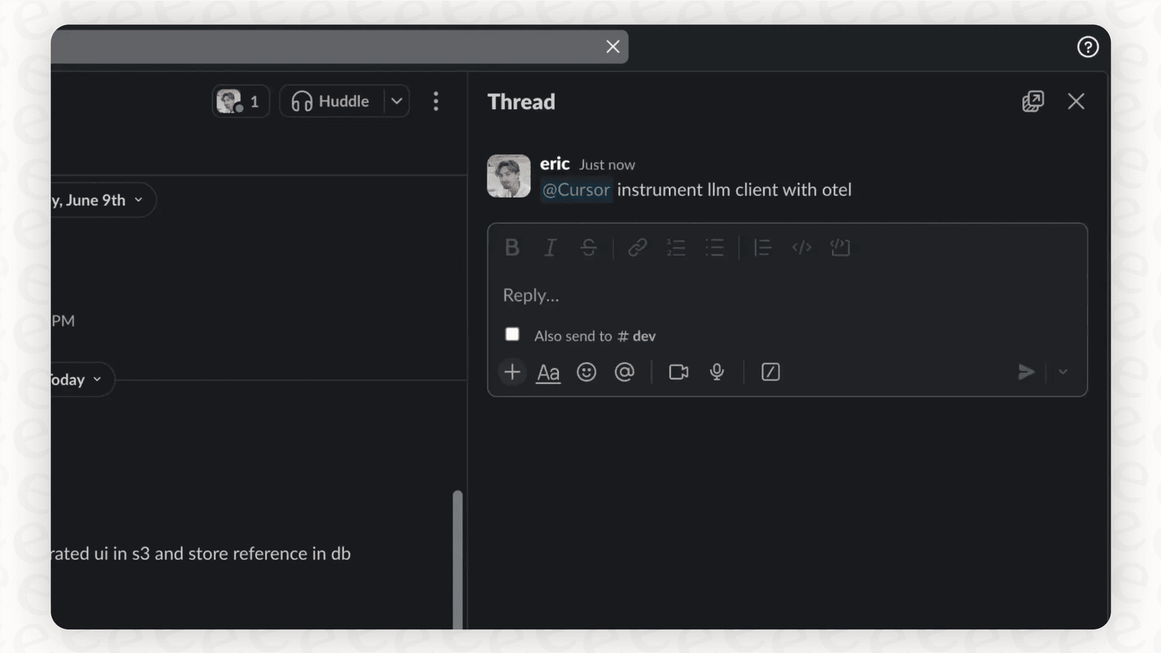 A screenshot showing the @Cursor command being used in a Slack chat to initiate a task with the Slack AI integration with Cursor.
