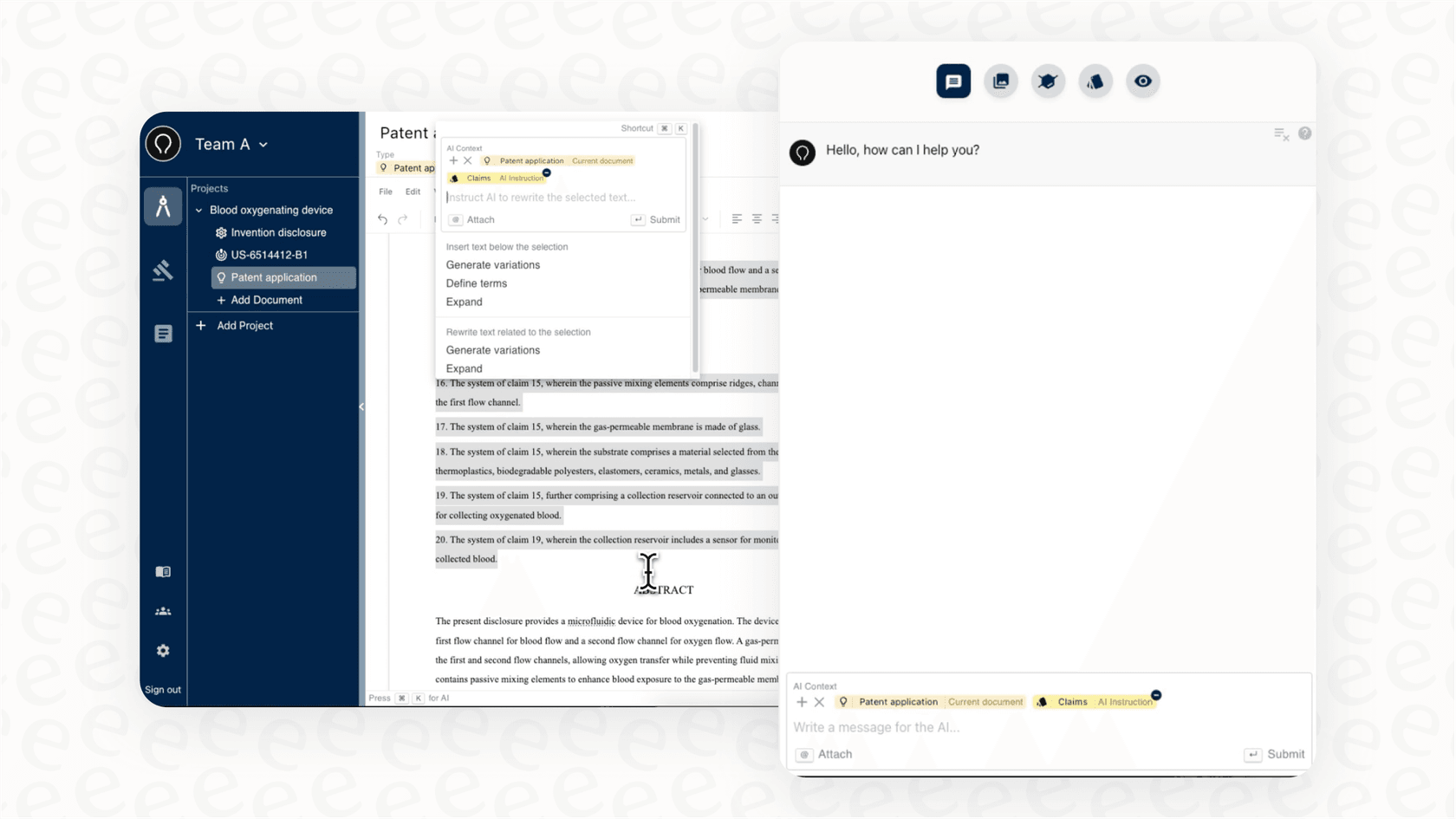 A view of an AI copilot assisting with document drafting, a key factor in Solve Intelligence pricing.