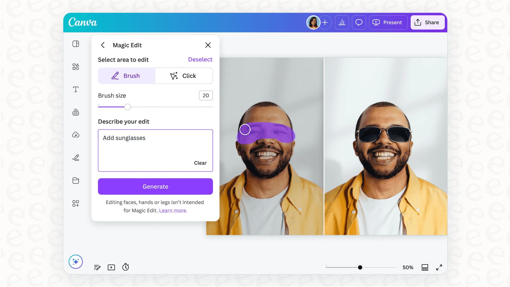 Screenshot of Canva’s Magic Edit tool editing a photo by adding sunglasses to a person’s face using an AI-generated visual modification.