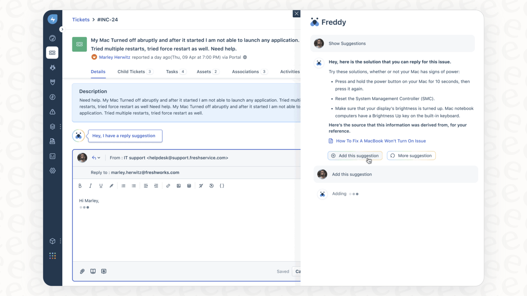 This image shows the Freddy AI Copilot feature, which assists agents with reply suggestions and conversation summaries.