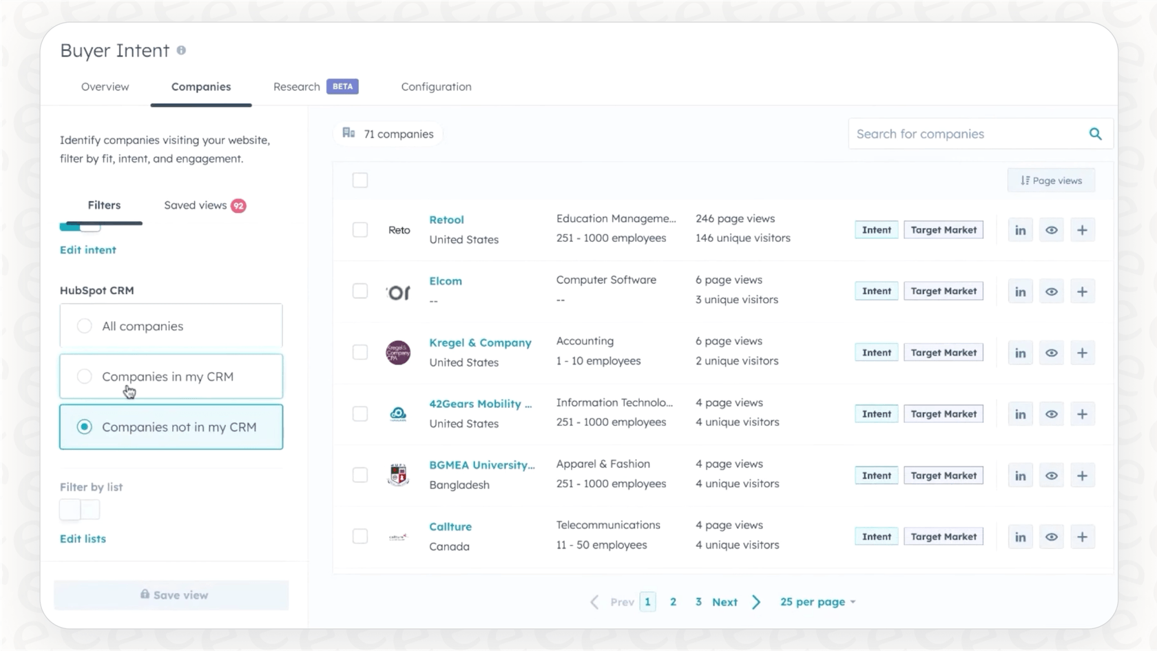Ein Screenshot, der zeigt, wie wichtige Seiten mit der Breeze Intelligence Buyer-Intent-Funktion markiert werden