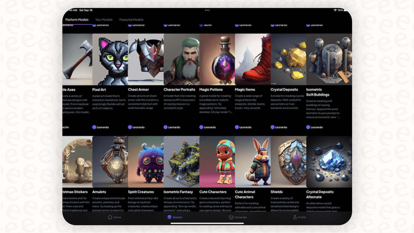 A screenshot displaying the diverse library of fine-tuned models in Leonardo AI, showcasing various artistic styles for image generation.