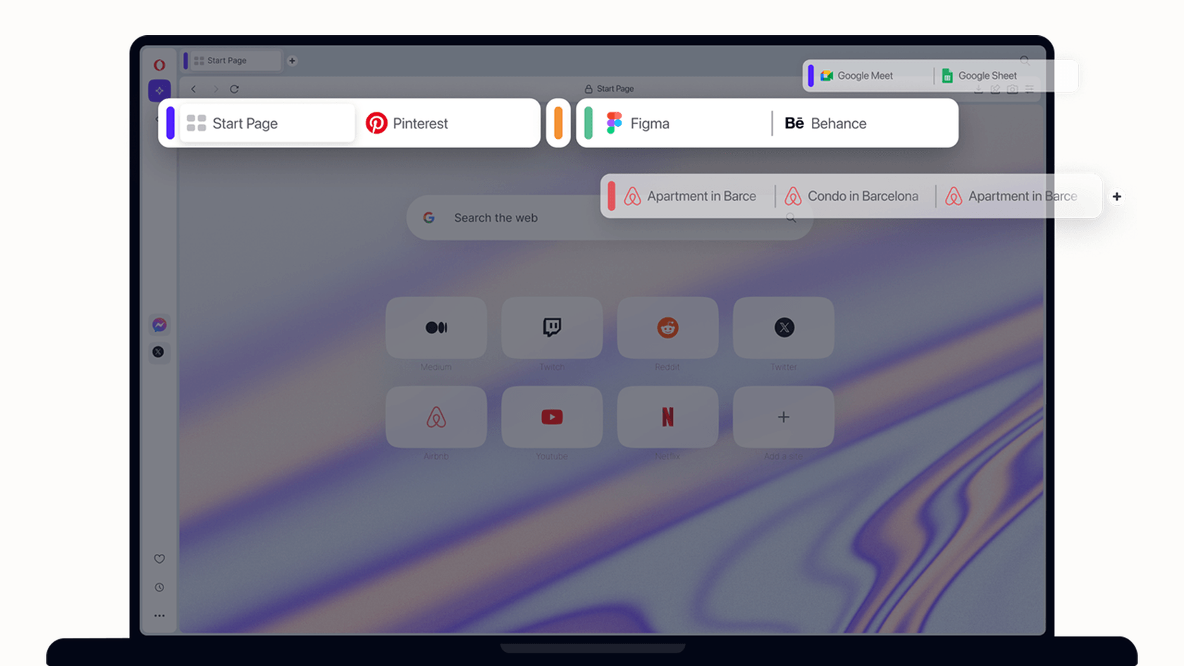 Screenshot showcasing the tab management capabilities of Opera Aria, with several tabs automatically organized into a single group.
