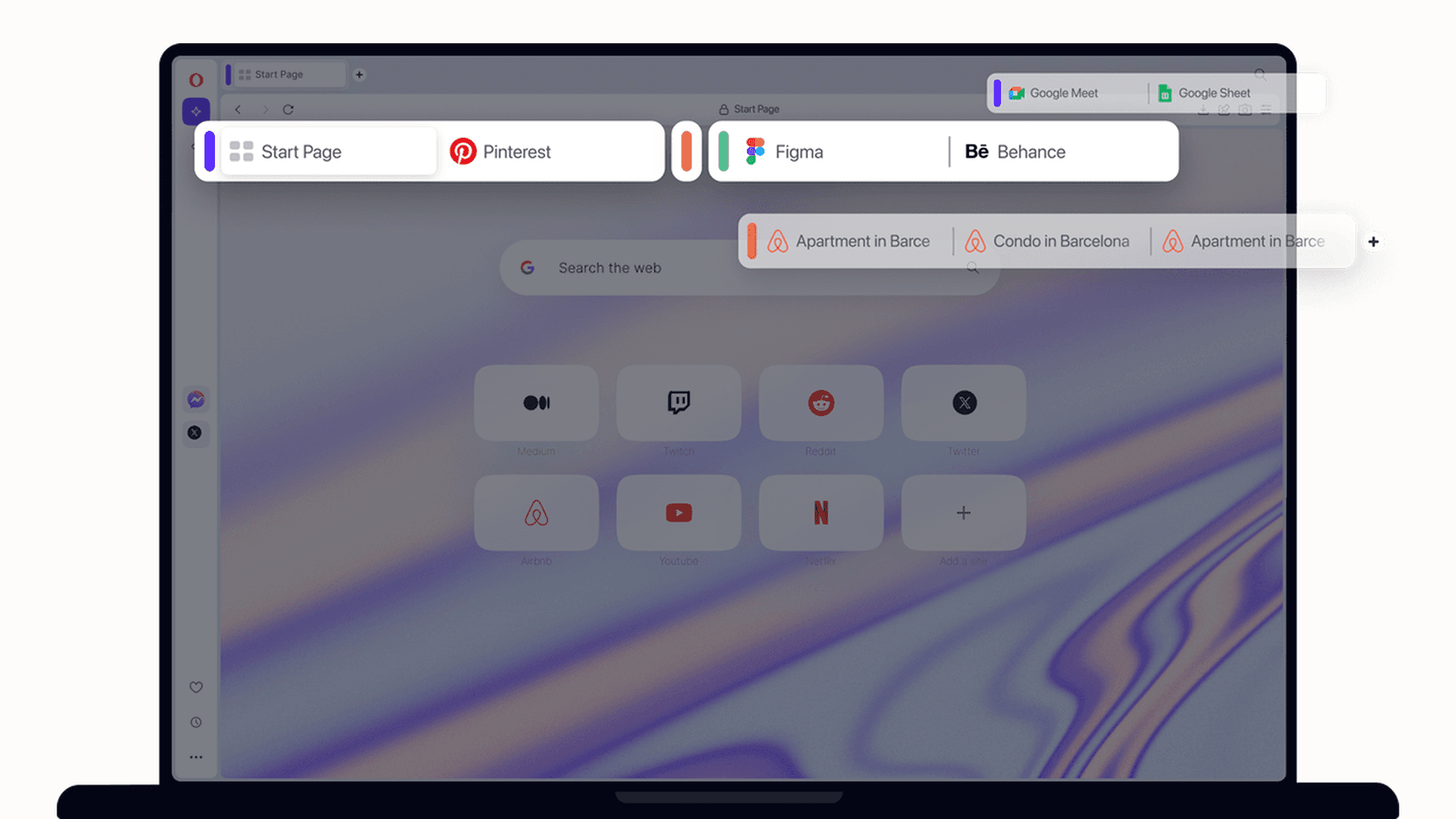 Screenshot showcasing the tab management capabilities of Opera Aria, with several tabs automatically organized into a single group.