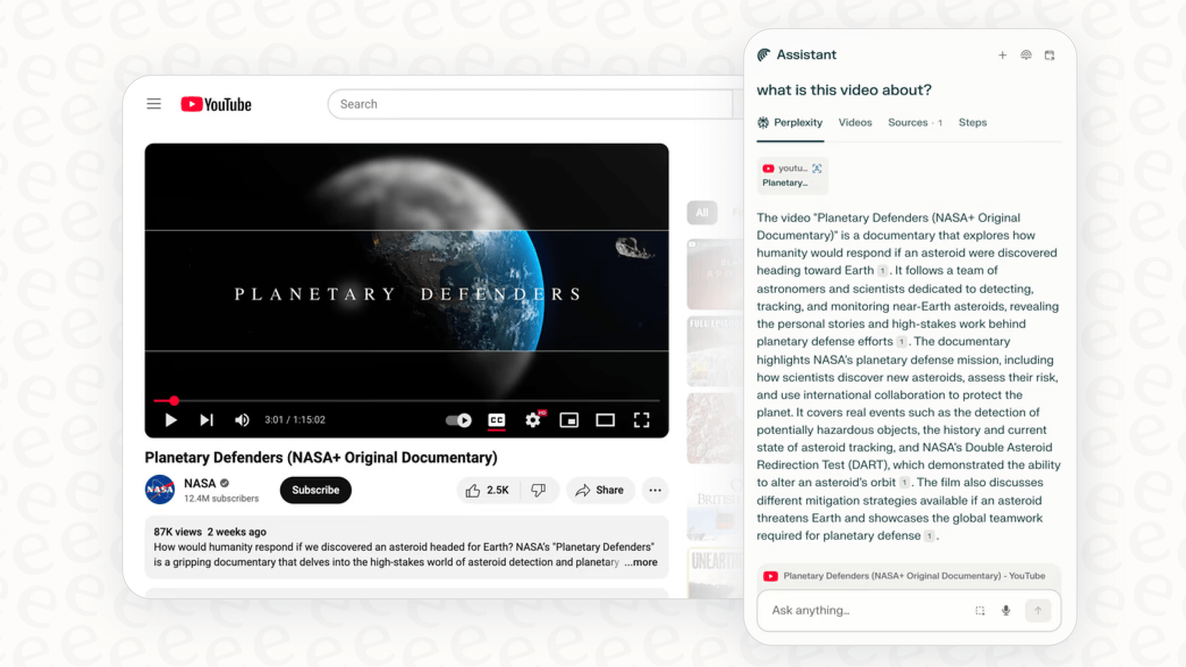 A screenshot of Perplexity Comet's AI Assistant explaining a YouTube video.