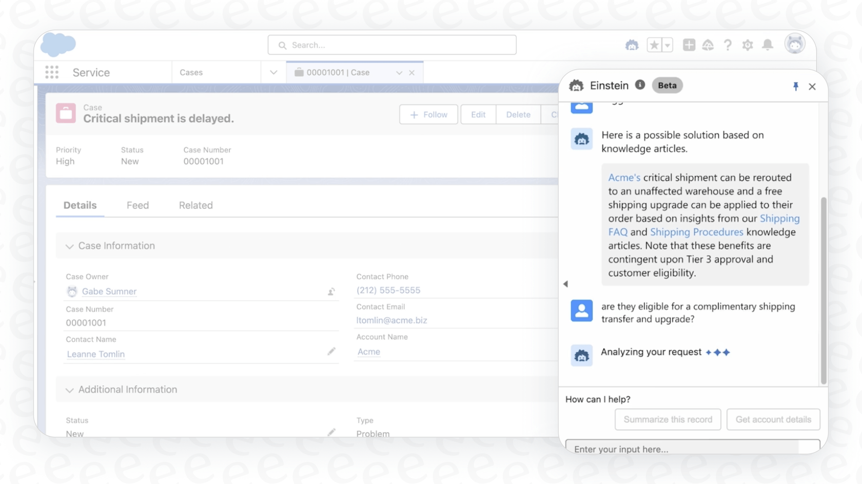 An example of the Salesforce Einstein Copilot assistant offering help to a user within a Salesforce application.