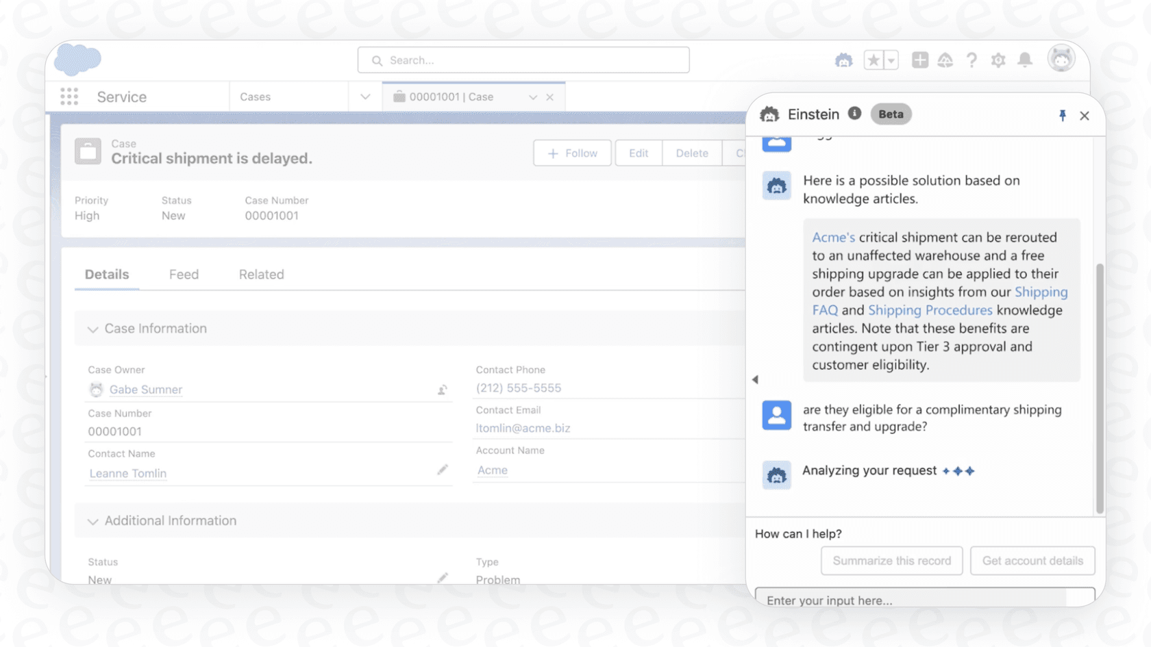 An example of the Salesforce Einstein Copilot assistant offering help to a user within a Salesforce application.