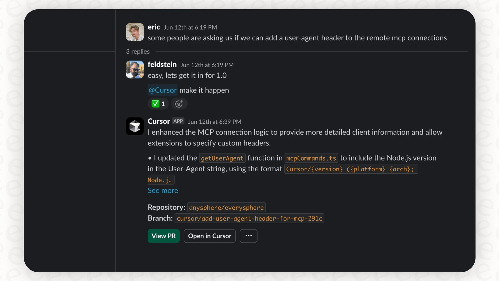 A screenshot of an automated message in Slack containing a link to a GitHub pull request, created by the Slack AI integration with Cursor.