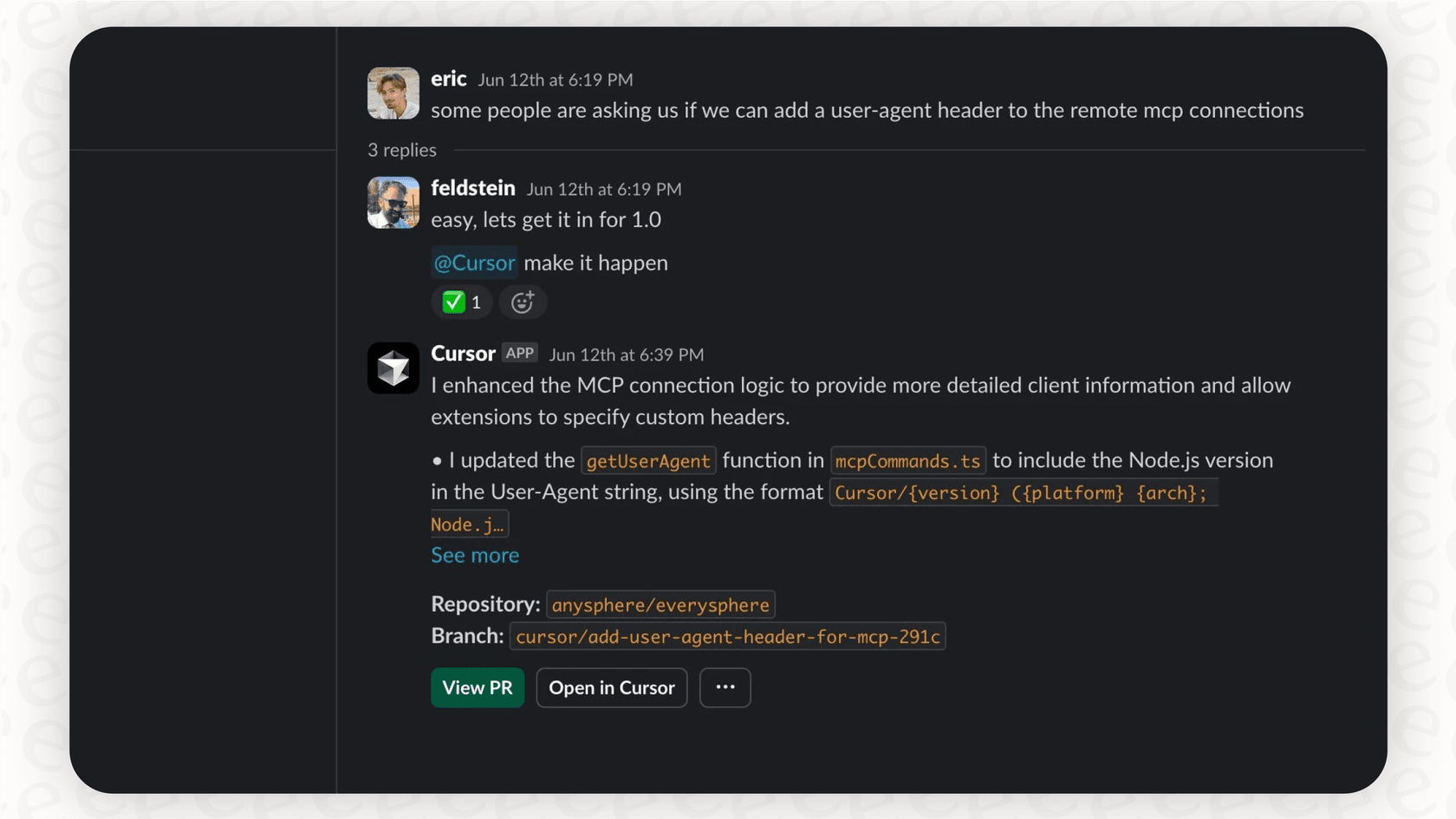 A screenshot of an automated message in Slack containing a link to a GitHub pull request, created by the Slack AI integration with Cursor.