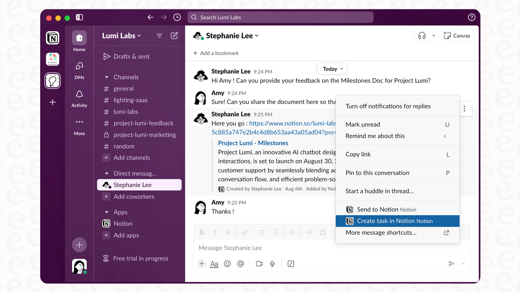 An example of a user pasting a Notion link into Slack, which expands to show page details, highlighting a feature of the Slack AI integration with Notion AI.
