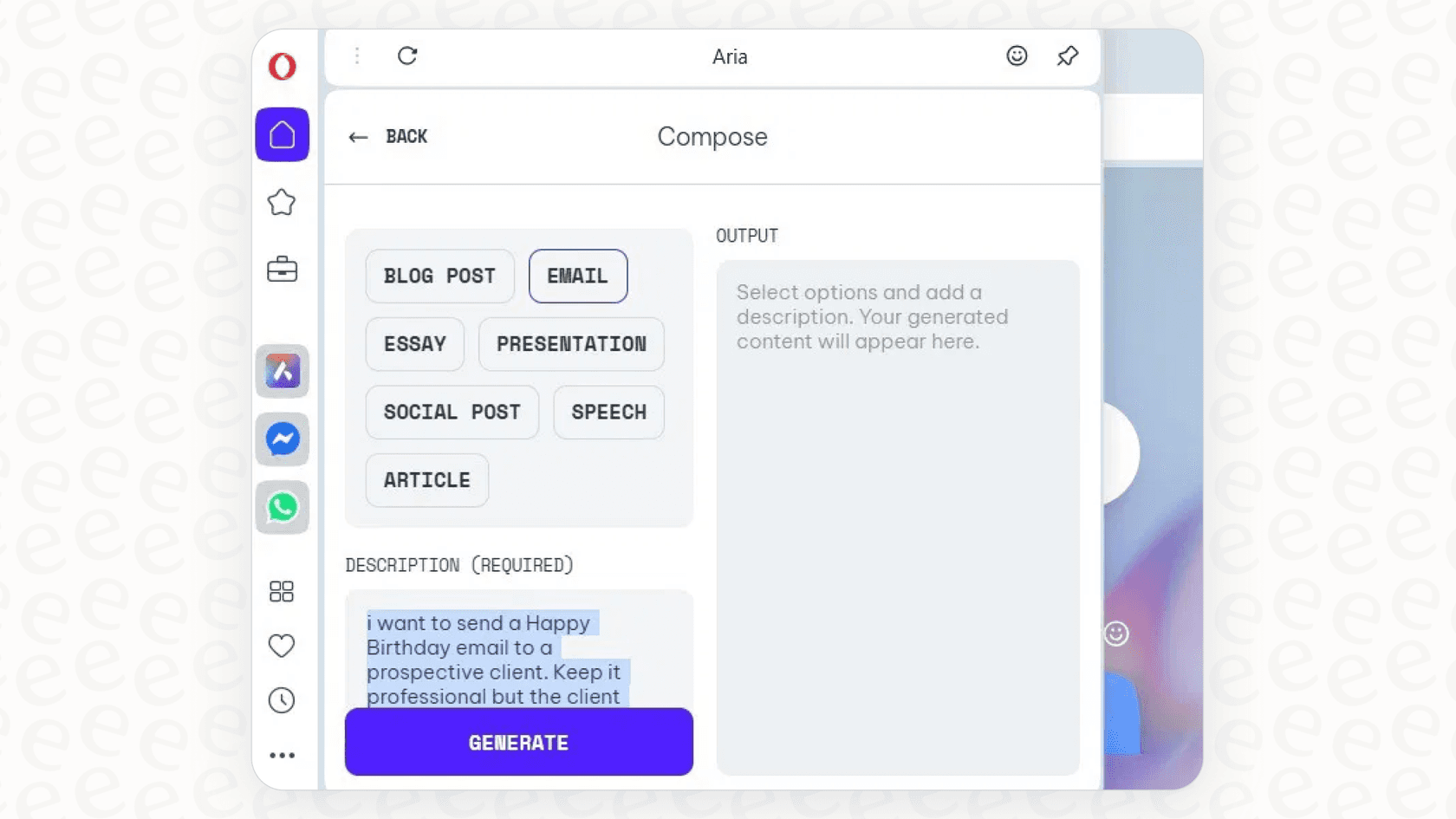 A screenshot of Opera Aria